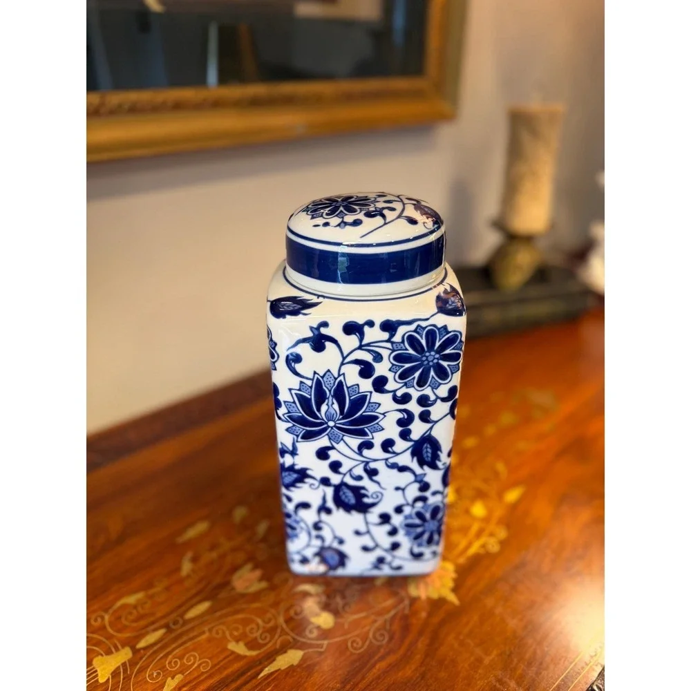 Vintage Bombay Blue & White Porcelain Ginger Jar • Lotus Floral Lidded Jar